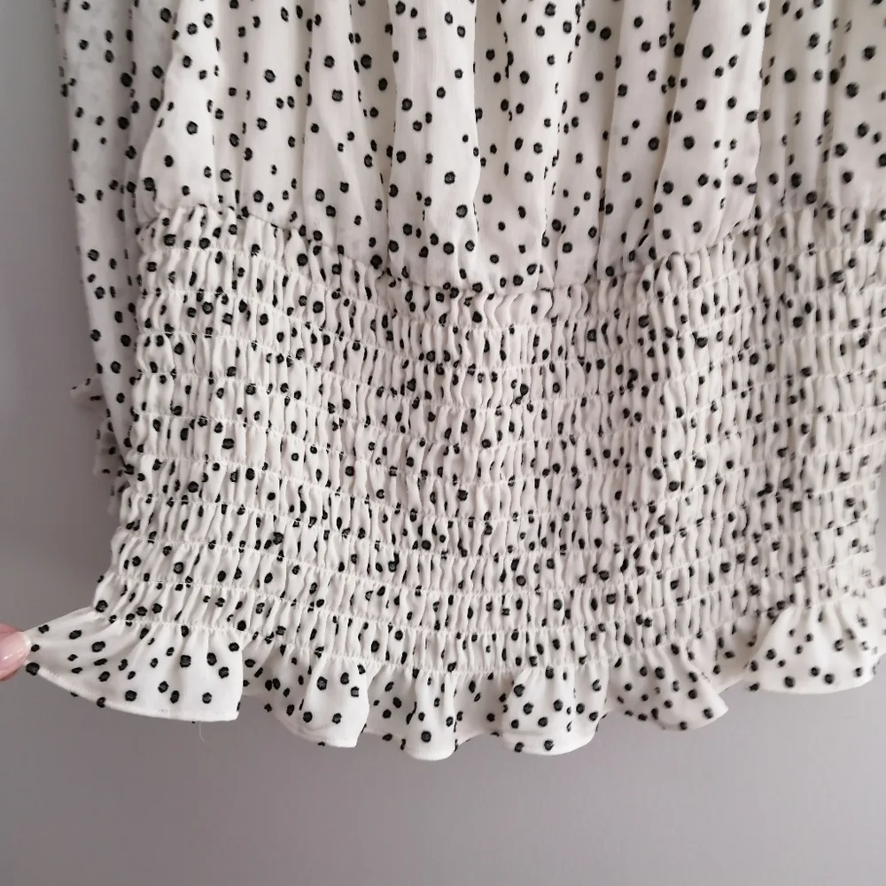 By Anthropologie Lucia Off the Shoulder Smocked Blouse White Polka Dot Large - Picture 9 of 16
